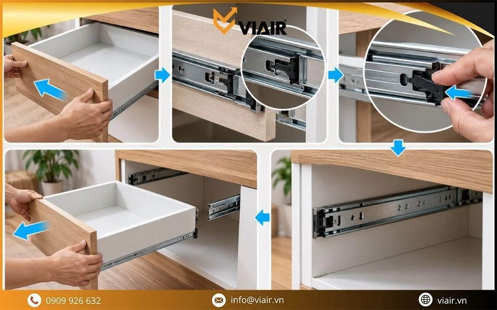 Các bước tháo ngăn kéo ray trượt bi